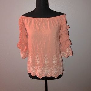 Pink and white off the shoulder blouse